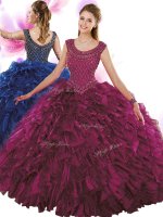 Customized Scoop Fuchsia Sleeveless Beading and Ruffles Floor Length Quinceanera Dresses