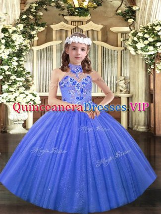 Tulle Halter Top Sleeveless Lace Up Appliques Pageant Dress for Girls in Blue