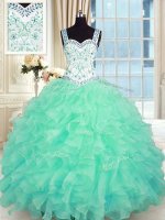 Turquoise Lace Up 15 Quinceanera Dress Beading and Appliques and Ruffles Sleeveless Floor Length