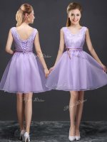 Beauteous Lavender Sleeveless Mini Length Lace and Appliques and Belt Lace Up Damas Dress