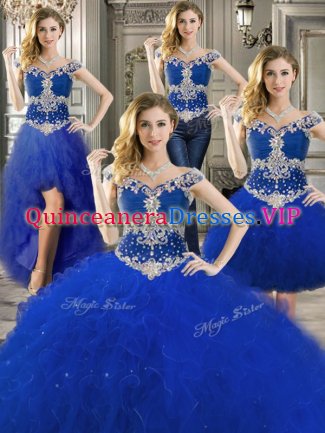 Smart Three Piece Off the Shoulder Floor Length Royal Blue Quince Ball Gowns Tulle Sleeveless Beading and Ruffles