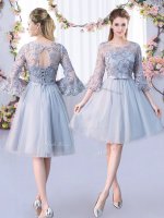 Lovely 3 4 Length Sleeve Lace Up Knee Length Lace and Belt Court Dresses for Sweet 16