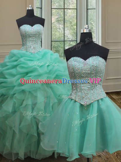 Three Piece Sleeveless Floor Length Beading and Ruffles and Pick Ups Lace Up Sweet 16 Dresses with Turquoise - Click Image to Close