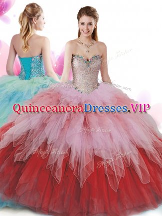 Sleeveless Tulle Floor Length Lace Up Ball Gown Prom Dress in Multi-color with Beading and Ruffles