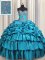 Teal Sweet 16 Dress Taffeta Brush Train Sleeveless Beading and Embroidery and Ruffled Layers and Pick Ups