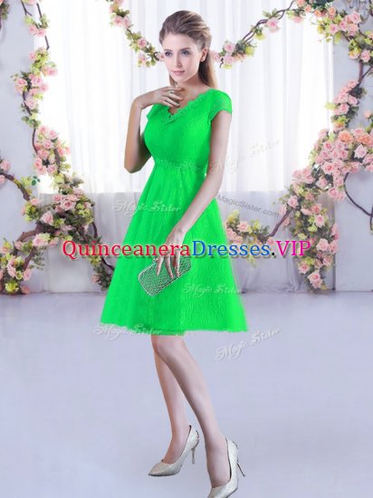 Mini Length Green Quinceanera Court of Honor Dress V-neck Cap Sleeves Lace Up - Click Image to Close