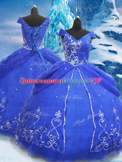 Fashion V-neck Short Sleeves Lace Up Sweet 16 Dress Blue Tulle - Click Image to Close