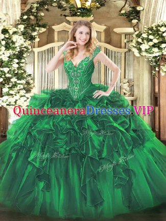 Romantic Green Ball Gowns Organza V-neck Sleeveless Beading and Ruffles Floor Length Lace Up Sweet 16 Dresses