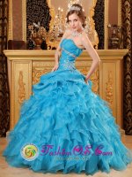 Euskirchen Inexpensive Sky Blue Strapless Quinceanera Dress With Beading and Ruffles Decorate