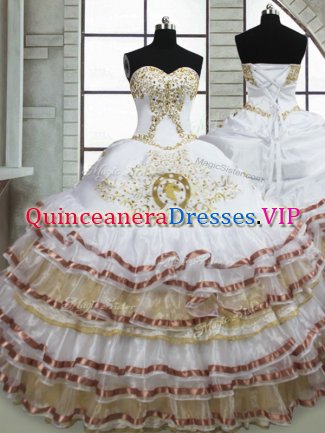 High End Sleeveless Organza Floor Length Lace Up Quinceanera Dress in White with Beading and Embroidery and Ruffled Layers