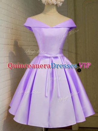 Romantic Cap Sleeves Knee Length Belt Lace Up Dama Dress with Lavender