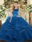 Blue Ball Gowns Tulle Scoop Sleeveless Ruffles Floor Length Lace Up Quinceanera Gown