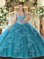 Glittering Tulle V-neck Sleeveless Lace Up Beading Sweet 16 Dress in Teal(SKU SJQDDT1298002-3BIZ)