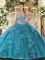 Glittering Tulle V-neck Sleeveless Lace Up Beading Sweet 16 Dress in Teal