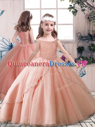 Beading Evening Gowns Peach Lace Up Sleeveless Floor Length