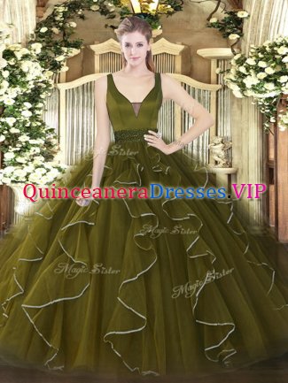 Floor Length Zipper Quinceanera Dress Olive Green for Military Ball and Sweet 16 and Quinceanera with Beading and Ruffles