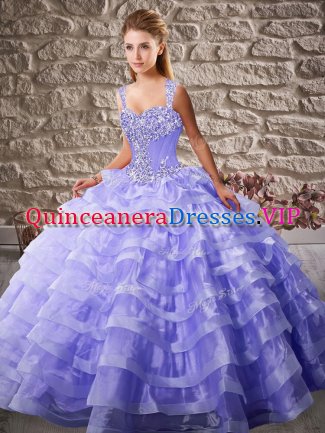 Sleeveless Organza Court Train Lace Up Quinceanera Dress in Lavender with Beading and Ruffled Layers