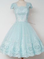 Stylish Aqua Blue Zipper Square Lace Quinceanera Court Dresses Tulle Cap Sleeves