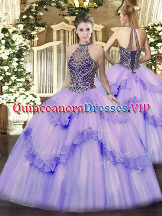 Stylish Floor Length Lavender Quinceanera Dresses Halter Top Sleeveless Lace Up