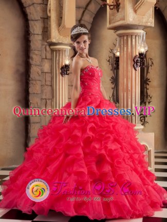 Dorchester Dorset Sun City Perfect Ruched Sweetheart strapless Bodice and Beaded Decorate Bust For Quinceaners Dress With Ruffles Layered