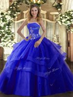 Exquisite Floor Length Royal Blue Ball Gown Prom Dress Tulle Sleeveless Beading and Ruffled Layers