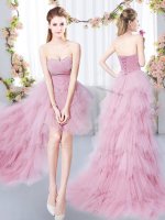 High Low Pink Dama Dress for Quinceanera Sweetheart Sleeveless Lace Up