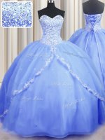 Baby Blue Ball Gowns Organza Sweetheart Sleeveless Beading and Appliques With Train Lace Up Teens Party Dress Brush Train