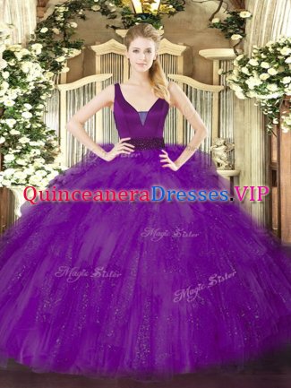 Trendy Purple Tulle Zipper Quinceanera Dresses Sleeveless Floor Length Beading and Ruffles