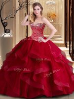 Sleeveless Tulle Floor Length Lace Up Sweet 16 Dresses in Wine Red with Beading and Ruffles