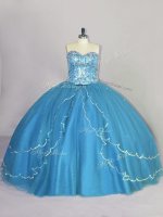 Sweetheart Sleeveless Brush Train Lace Up Quince Ball Gowns Blue Tulle