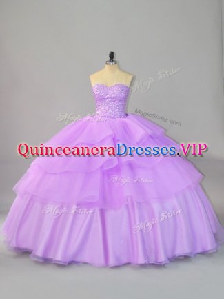 Lavender Ball Gowns Beading and Ruffled Layers 15th Birthday Dress Lace Up Organza Sleeveless