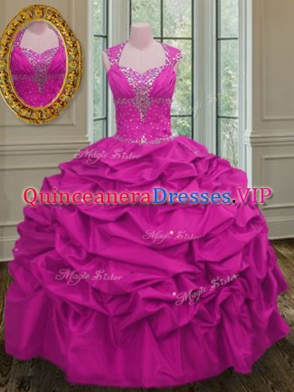 Straps Cap Sleeves Floor Length Lace Up Quinceanera Gowns Fuchsia for Military Ball and Sweet 16 and Quinceanera with Beading and Pick Ups