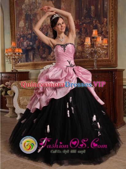 Penarth South Glamorga Hand Made Flowers New Arrival Rose Pink and Black Sweet 16 Dress Sweetheart Tulle and Taffeta Stylish Ball Gown - Click Image to Close