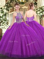 Superior Halter Top Sleeveless Quince Ball Gowns Floor Length Beading Fuchsia Tulle(SKU SJQDDT1021002BIZ)