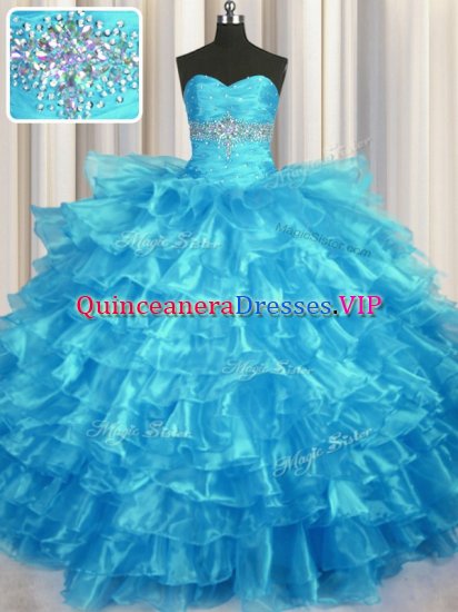 Glittering Sweetheart Sleeveless Quinceanera Gown Floor Length Beading and Ruffled Layers Baby Blue Organza - Click Image to Close