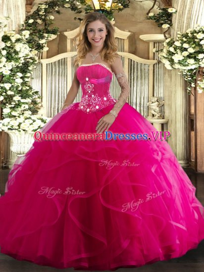 Hot Selling Ball Gowns Sweet 16 Quinceanera Dress Hot Pink Strapless Tulle Sleeveless Floor Length Lace Up - Click Image to Close