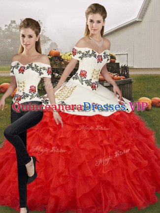 Superior White And Red Off The Shoulder Lace Up Embroidery and Ruffles Sweet 16 Dress Sleeveless