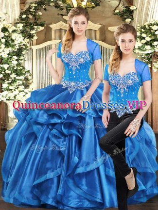 Noble Two Pieces Quinceanera Gown Blue Sweetheart Organza Sleeveless Floor Length Lace Up