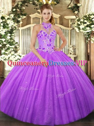 Cute Floor Length Lavender Quinceanera Dresses Halter Top Sleeveless Lace Up