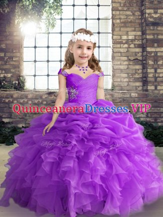 Fashionable Organza Straps Sleeveless Lace Up Beading and Ruffles and Pick Ups Kids Pageant Dress in Purple