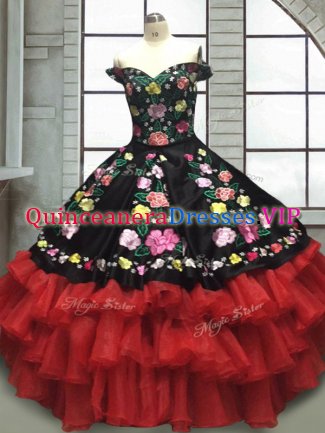 Embroidery and Ruffled Layers Sweet 16 Dress Red And Black Lace Up Sleeveless Floor Length