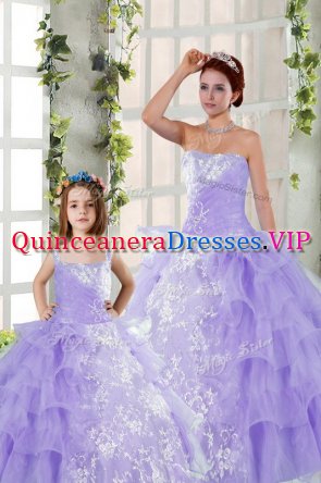 Lavender Organza Lace Up Strapless Sleeveless Floor Length 15th Birthday Dress Embroidery and Ruffled Layers