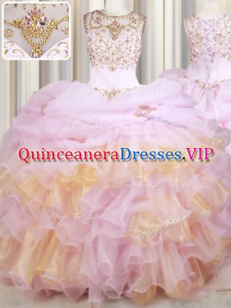 Pink Organza Lace Up Scoop Sleeveless With Train Quinceanera Dress Court Train Beading and Ruffles and Pick Ups