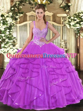 Fancy Sleeveless Floor Length Beading and Ruffles Lace Up Quinceanera Dress with Eggplant Purple