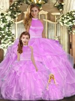 Hot Sale Lilac Organza Backless Vestidos de Quinceanera Sleeveless Floor Length Beading and Ruffles