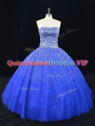 Glittering Royal Blue Lace Up Strapless Beading 15th Birthday Dress Tulle Sleeveless