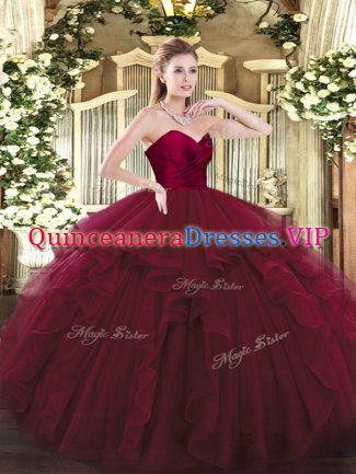 Ball Gowns Quinceanera Dama Dress Wine Red Sweetheart Tulle Sleeveless Floor Length Lace Up