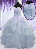 High Class Light Blue Ball Gowns Sweetheart Sleeveless Organza Floor Length Lace Up Ruffled Layers and Ruching and Hand Made Flower 15th Birthday Dress