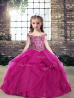 Floor Length Fuchsia Child Pageant Dress Tulle Sleeveless Beading and Ruffles