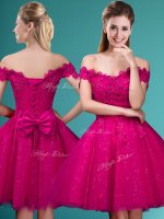 Knee Length Fuchsia Court Dresses for Sweet 16 Tulle Cap Sleeves Lace and Belt